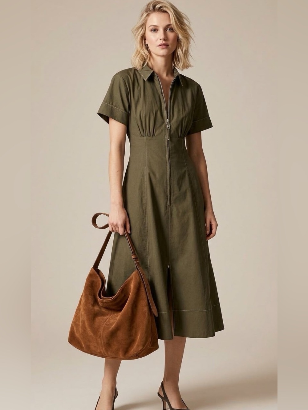 J. Crew Arden Shirt Dress Olive Green Cotton Poplin Midi Dress 10 MSRP $178